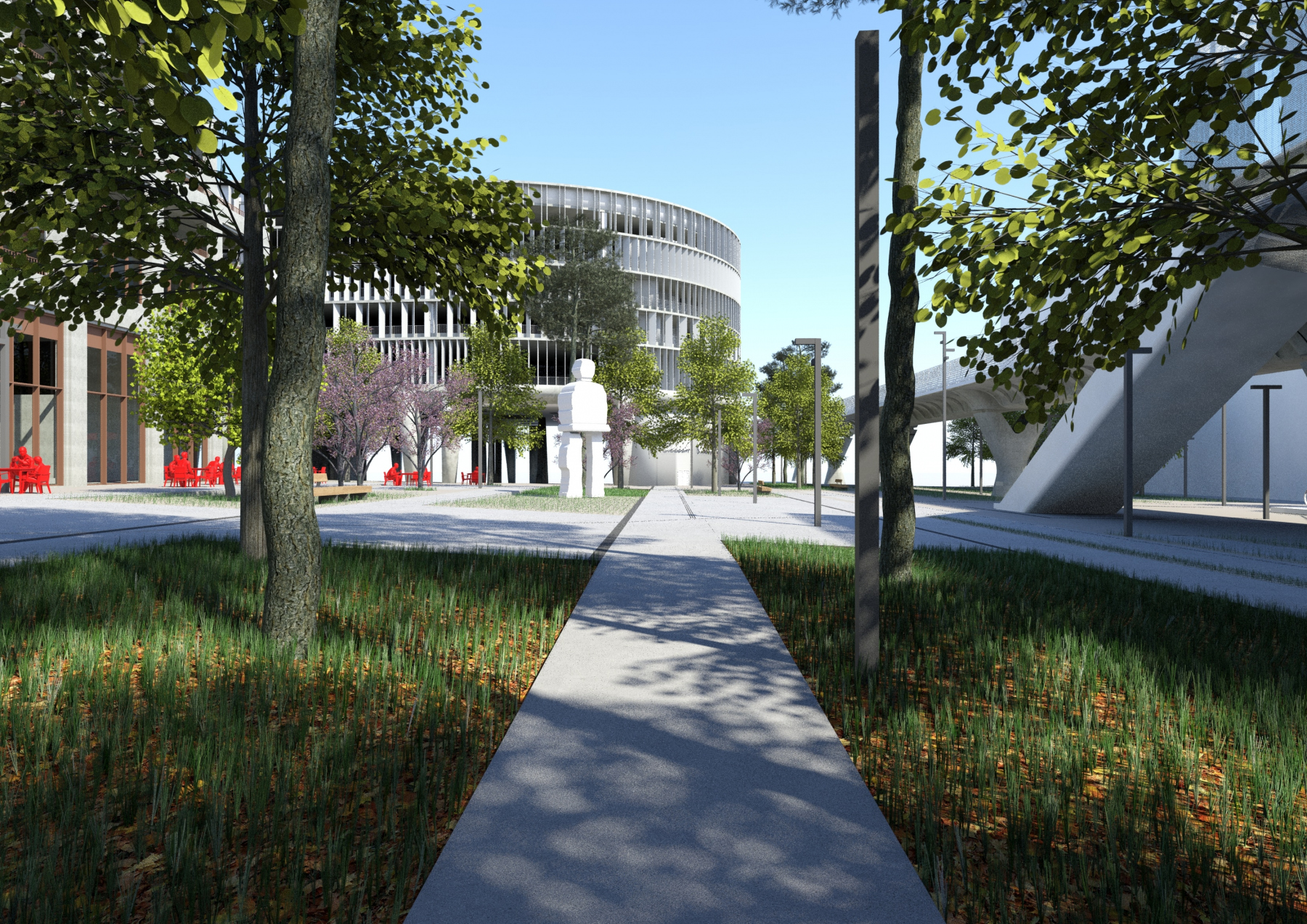 Illustration - La sculpture et le P+R vus en remontant du skatepark, phase PRO, juin 2018