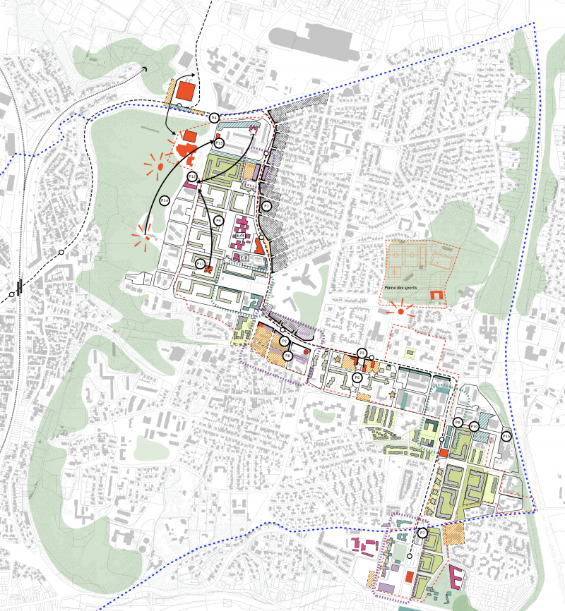 Illustration - Le plan guide programmes : structurer les différentes polarités du haut Cenon et reconstituer l'urbanité des lieux
