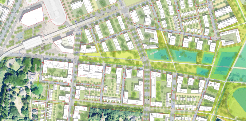 Illustration - Le cœur du nouveau quartier: la place Viasilva et l'amorce du parc (plan de l'avant-projet de 2017)