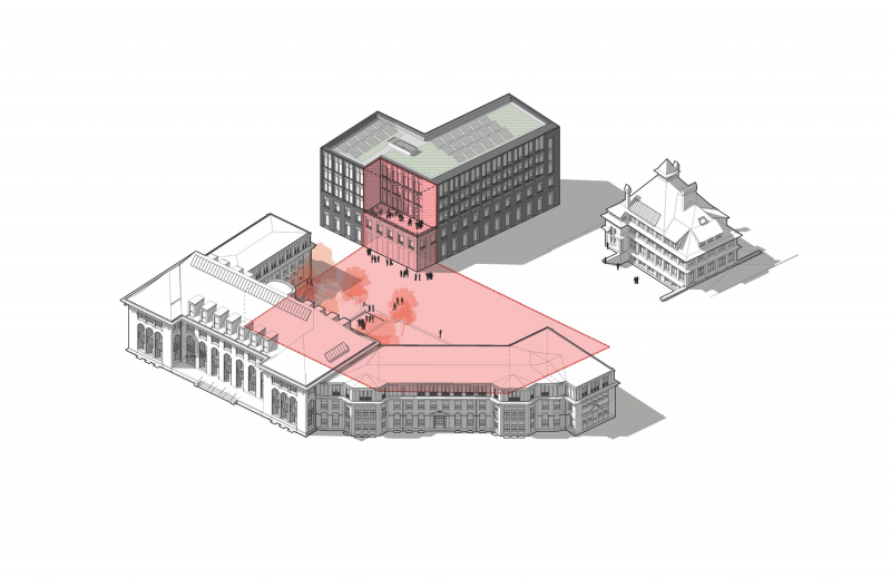 Illustration - Principe de retrait des étages supérieurs avec création d’une grande terrasse / rapport architecture et contexte
