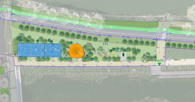 Illustration - Vue en plan du futur square situé entre le Grand Parc et la RD1, le long de la Seine, secteur 2