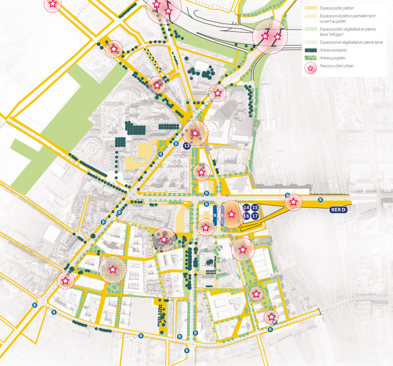 Illustration - Plan des principes de mobilités douces, des parcours frais et parcours d’art urbain