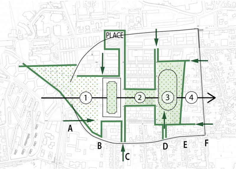 Illustration - L’axe monumental et les 3 terrasses descendantes : 9 ha d’espaces publics