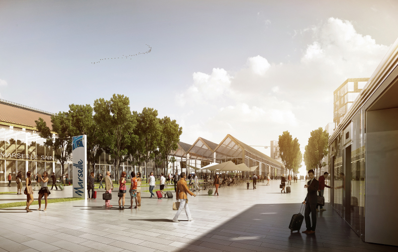 Illustration - Vue de la nouvelle entrée sud-ouest de la gare St Charles en 2035