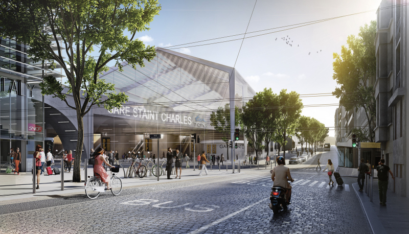Illustration - Vue de la nouvelle entrée nord-est de la gare St Charles en 2035